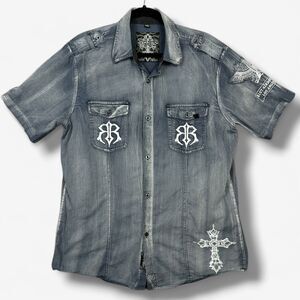 ROAR Airborne Embroidered Tribal Cross Acid Wash *Mens L Shirt Y2K Vintage *READ